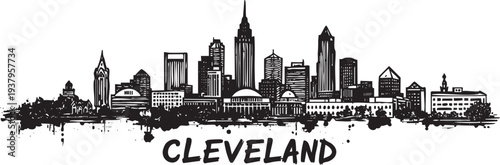 Cleveland city skyline silhouette drawing graphic art famous urban landmark illustration