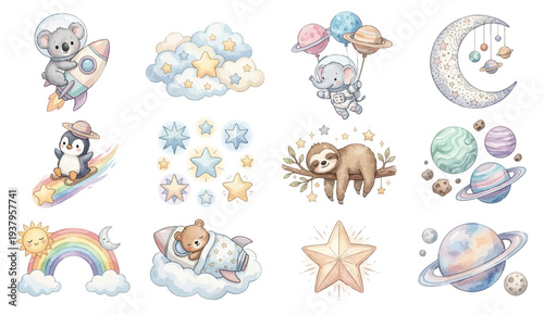 Pastel space nursery clipart set with koala, elephant, sloth, penguin and planets. Collection of Vector illustrations. Perfect for invitation, card, poster, banner, decorations