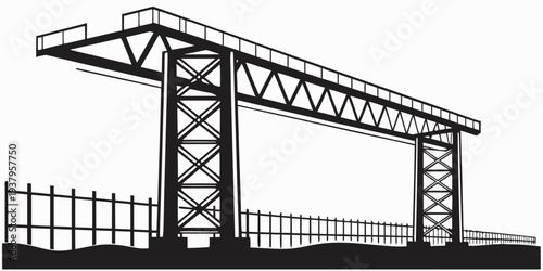A large industrial crane stands tall over a construction site, ready for heavy lifting tasks. Vector