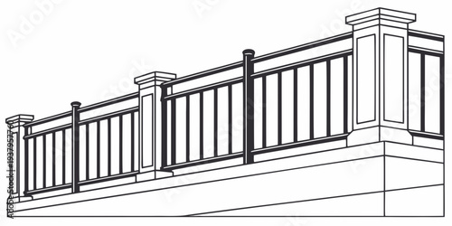 A detailed illustration of a classic white wooden balcony railing with intricate designs. Vector