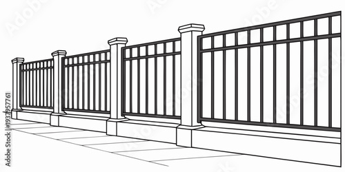A row of black metal gates with vertical bars and a horizontal crossbar. Vector