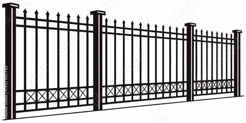 A black metal gate with intricate designs and pointed tops stands tall. Vector