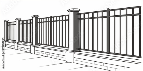 A detailed illustration of a tall, ornate metal fence with pointed tips and a gate. Vector