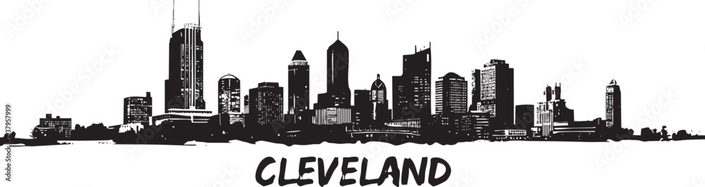 Fototapeta premium Cleveland skyline illustration silhouette with text a famous cityscape landmark
