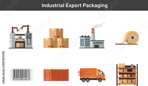 Illustration of industrial packaging elements factory boxes container tape barcode truck and shelves