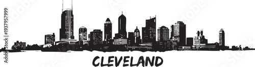 Cleveland skyline illustration silhouette with text a famous cityscape landmark