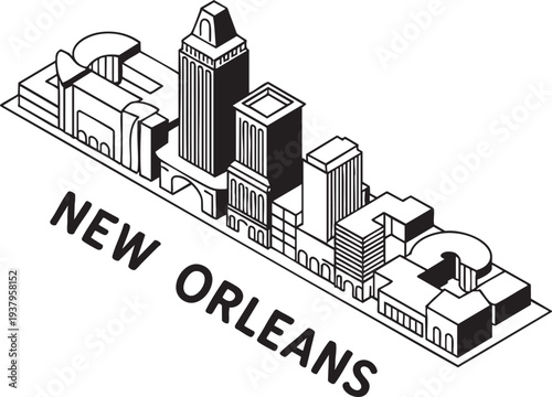 New Orleans isometric skyline with detailed buildings and bold city name text for graphic design