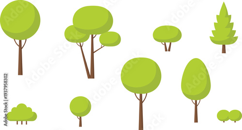Collection of simple green park trees and bushes isolated for landscape design elements set, cad drawing flat vector illustration
