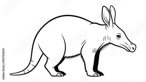 Aardvark Illustration: A detailed black and white illustration of an aardvark, showcasing its unique features, including a long snout, large ears, and strong claws.