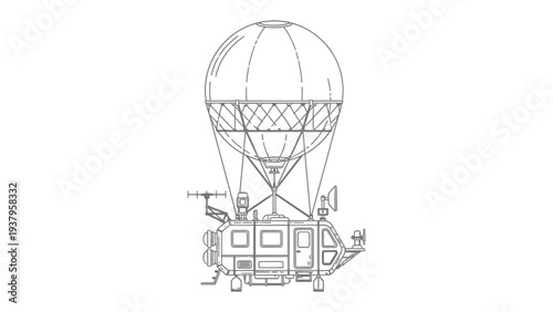 Imaginary Hot Air Balloon Vehicle Illustration: An intricately detailed line art illustration of a unique hot air balloon vehicle. The design incorporates a spherical balloon atop a futuristic.