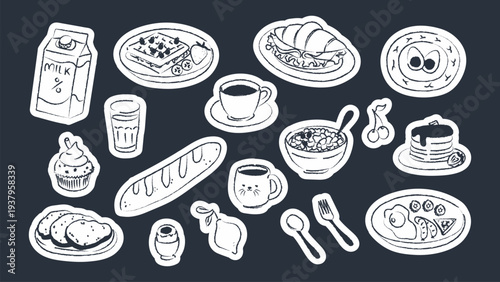 Breakfast food doodle sticker set with milk, coffee, sandwich, croissant, eggs, bread, cereal, pancakes, fruit and drinks. Hand drawn line illustration collection for menu, packaging, poster and food 