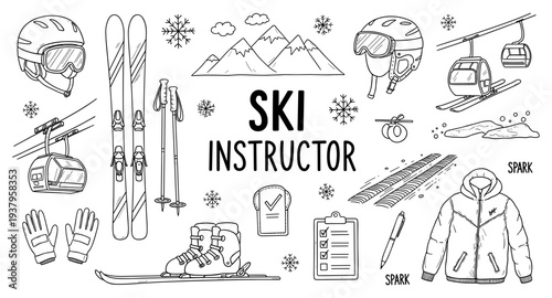 Collection of hand-drawn ski equipment and winter sport elements for ski instructors