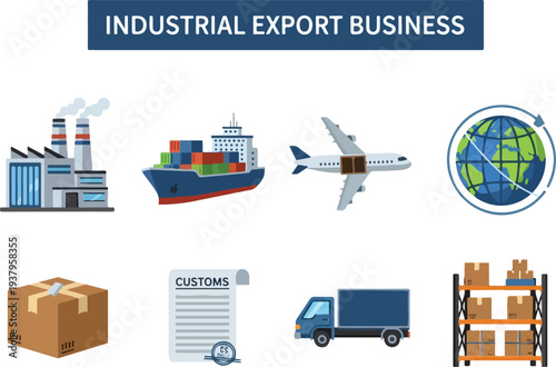 Industrial export business illustration with a factory ship plane globe box customs form truck and storage shelf