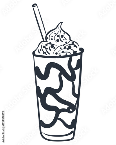 Hand drawn doodle milkshake. Line illustration of ice coffee for cafe menu, packaging and food design.