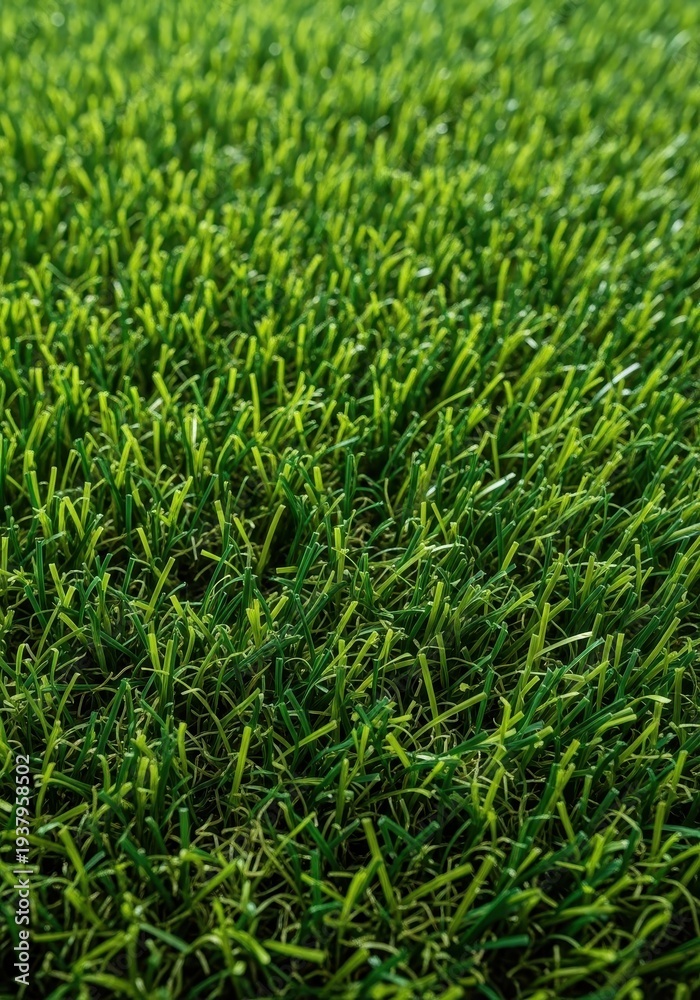 Fototapeta premium A vibrant green carpet of durable synthetic grass blades designed for low maintenance landscaping, creating a perfect, evergreen lawn environment, realistic, outdoor, clean