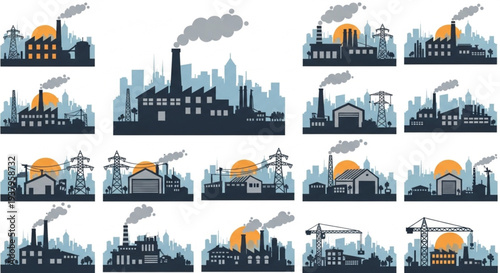 Industrial factory silhouettes with smokestacks emitting smoke.