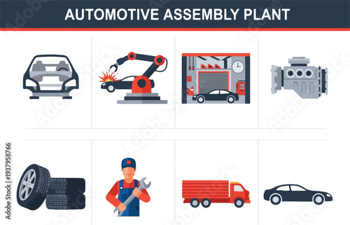 Automotive assembly plant illustration with icons of car parts robot mechanic and transport truck