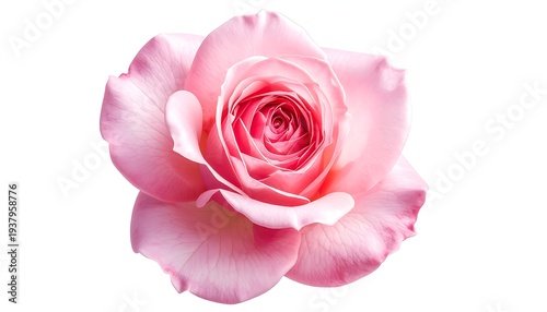 Soft pink rose bloom close-up, spiraling petals in the center, delicate edges on a crisp white background