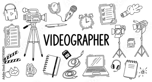 Videographer's essential tools and equipment collection, hand-drawn style