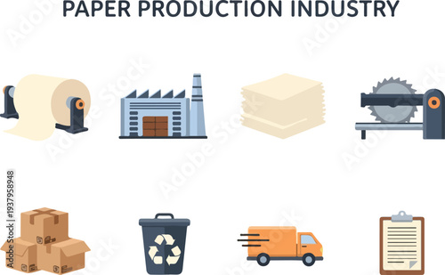Illustrative icons of paper production paper roll factory paper stack saw boxes recycle bin truck and clipboard