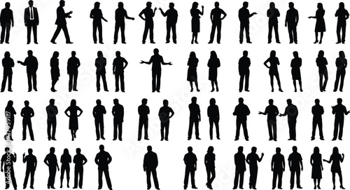 Human silhouette standing poses, male and female figures, body language illustration, communication gestures, fashion design reference, animation character modeling, anatomy study