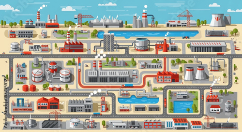 Industrial complex with factories and infrastructure illustration.