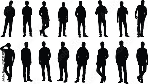 Male silhouette standing poses, human figure posture, fashion design reference, animation character modeling, anatomy study, artistic illustration, body movement variation