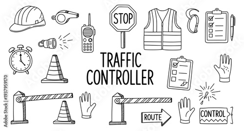 Collection of hand-drawn traffic controller equipment and safety items