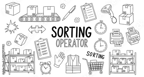 Hand-drawn icons representing logistics and warehouse operations for sorting and delivery