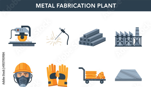 Illustration of metal fabrication plant elements saw welder metal bars factory helmet gloves cart and metal sheet