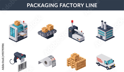Packaging factory line illustration with boxes machines and a truck