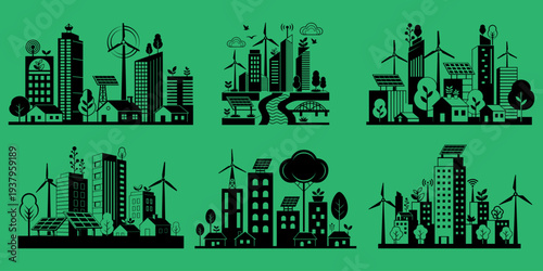 Green sustainable city silhouette with trees buildings wind turbines, environmental elements and eco friendly smart urban landscape vector design set. Clean energy green eco city landscape concept. 