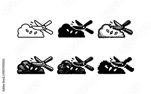 Collection of six icons depicting pruning shears cutting seeds or small plants in different artistic styles