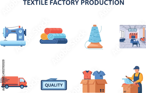 Illustration depicts textile production Elements include sewing machine fabric rolls thread spool factory delivery truck quality sign shirts in a box and a person