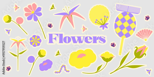 Pastel Garden Vector Graphic Collection: Decorative Floral Design Elements and Whimsical Insect Icons for Feminine Branding and Spring Marketing Campaigns