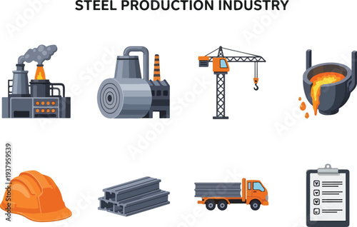 Industrial icons Smelting factory crane liquid metal truck hard hat steel beams and a checklist