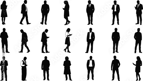 Silhouette people collection, business casual figures, standing walking mobile phone poses, men women diversity, modern lifestyle representation, black silhouettes group