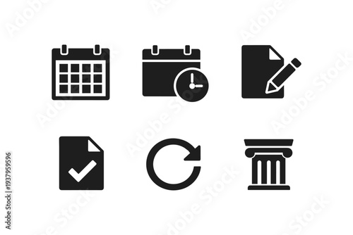 Collection of six modern black icons representing business and legal concepts on white background