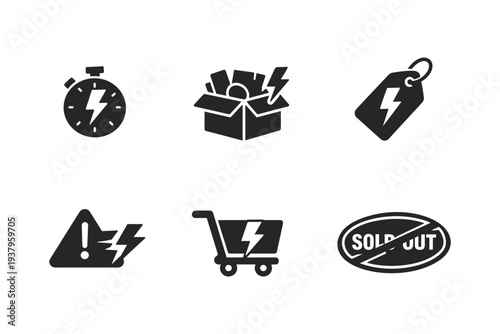 Set of six icons representing sales, discounts, and limited offers with lightning bolt symbols