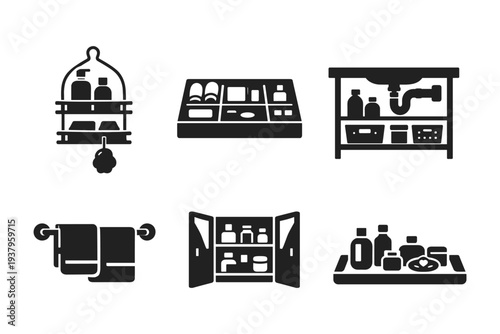 Collection of bathroom storage and organization icons, clean and modern design