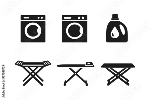 Collection of laundry and ironing icons including washing machines, detergent, and drying racks