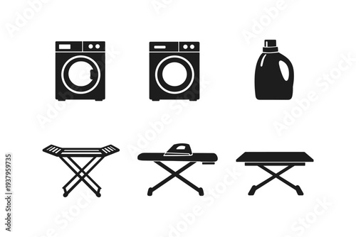 Collection of laundry and ironing equipment icons in black and white
