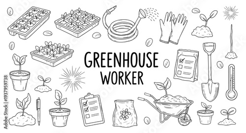 Doodle illustration of greenhouse worker tools and seedling growth stages