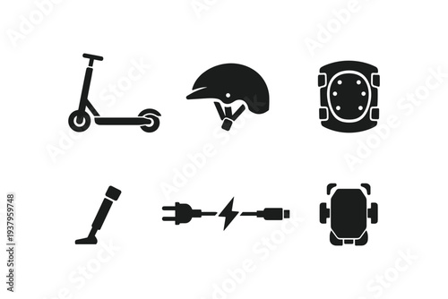 Collection of icons representing electric scooter accessories and components for safety and power