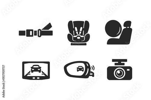 Collection of car safety icons including seatbelt, child seat, airbag, and camera systems