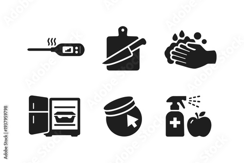 Food safety icons: thermometer, cutting board, hand washing, fridge, online order, and disinfectant