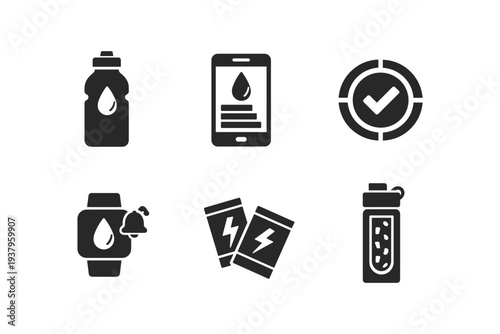 Fitness and health icons: water bottle, smartphone, smartwatch, energy bars, and target