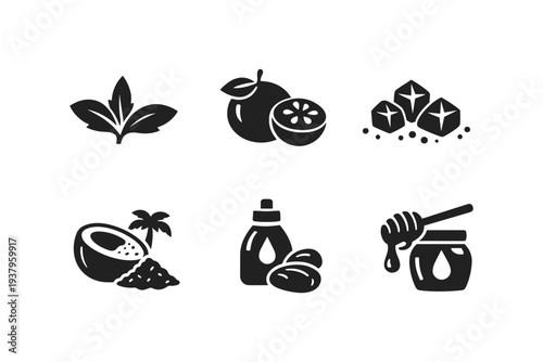 Set of icons representing natural ingredients for skincare and beauty products