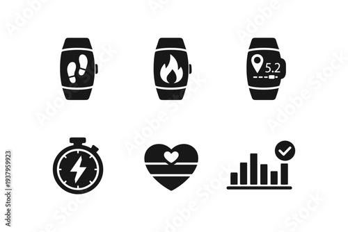 Fitness tracker icons showing steps, calories, GPS, stopwatch, heart rate, and progress chart