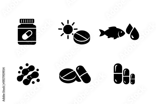 Collection of icons representing vitamins and supplements for health and wellness